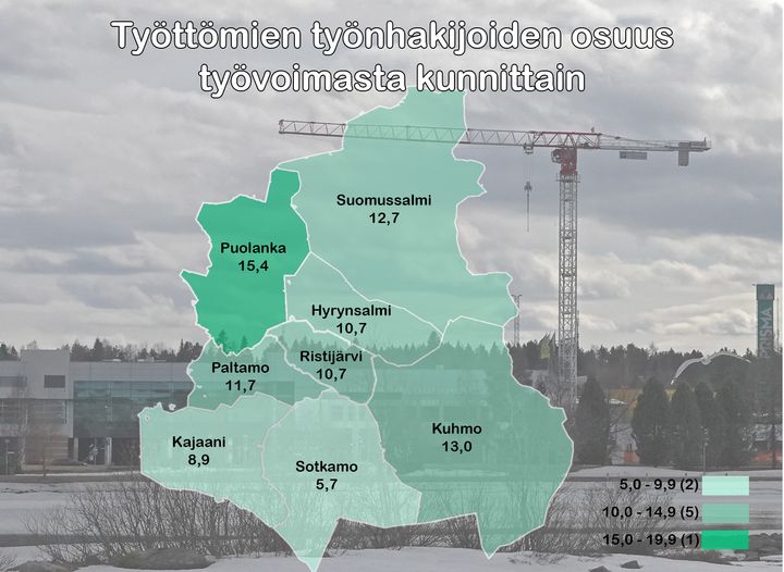 Työttömien työnhakijoiden osuus Kainuussa maaliskuussa 2022.