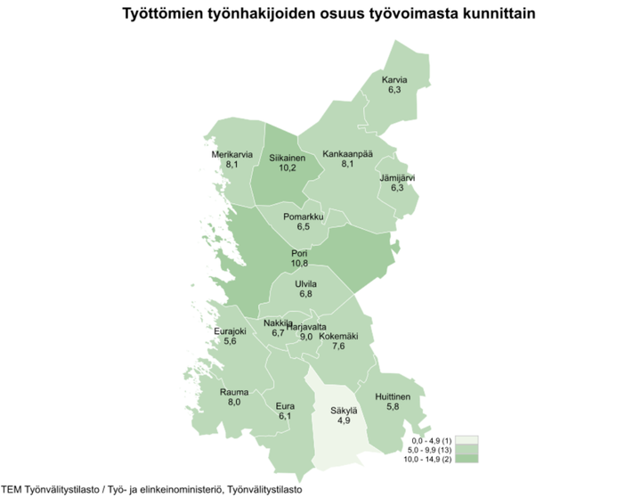 Työttömien työnhakijoiden osuus työvoimasta kunnittain Satakunnassa lokakuun 2022 lopulla.