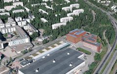 Keskuksen nykyiset tilat oikealla ja laajennusosa vasemmalla. Taiteilijan näkemys alustavien suunnitelmien pohjalta, Helin & Co Arkkitehdit.