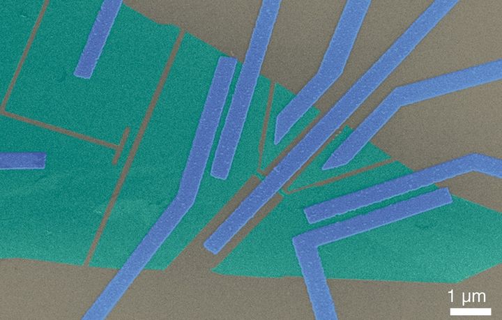 Elektronimikroskooppikuva näytteestä, jossa vihreät kerrokset kuvaavat grafeenia, joka on harmaana kuvatun piidioksidin päällä. Keskellä olevaa, heikosti grafeeniin kytkettyä elektrodia käytetään lomittuneiden elektronien tuottamiseen. Kuva: Kylmälaboratorio, Aalto-yliopisto.