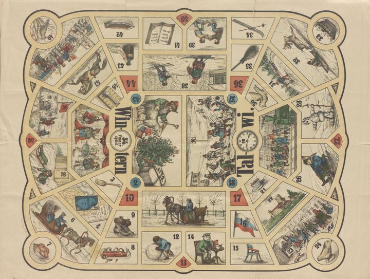 Temat för Talwi-brädspelet från 1871 är vinter. Bild: Nationalbiblioteket.