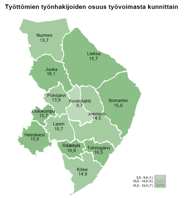 Työttömien työnhakijoiden osuus työvoimasta kunnittain, joulukuu 2021.