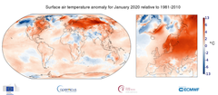 Maanpinnan lämpötilapoikkeamat tammikuussa 2020 suhteessa vuosien 1981–2010 tammikuun keskiarvoihin. Lähde: ERA5, Copernicus Climate Change Service (C3S)/ECMWF