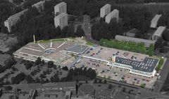 Puhoksen ostoskeskus ilmakuvassa. Vanhin, viuhkamainen A-osa on kuvassa vasemmalla.