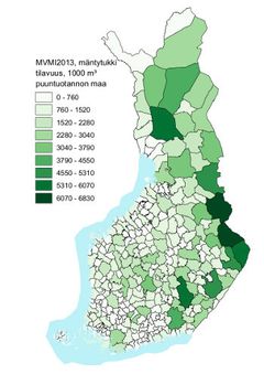 Mäntytukin kokonaistilavuus puuntuotannon metsä- ja kitumaalla kunnittain. Sisältää Maanmittauslaitoksen Kuntajako 1:10 000 (2014) aineistoa.