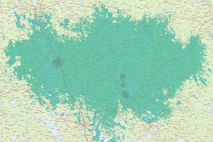 Kuvassa vaaleampi vihreä väri kuvaa normaalia 4G-/5G-peruspeittoa, ja tummempi vihreä erityisen nopeaa, 3,5 GHz:n taajuudella toimivaa 5G-verkkoa.