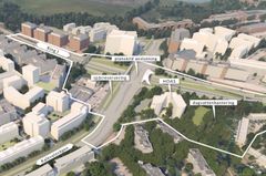Planområdet finns i korsningen av Ring I, Kalevalavägen och Marvägen. På bilden syns planskild anslutning över Ring I, bro för lätt trafik och det planerade trähöghuset i Silverlundsparken. Foto: Arkitektbyrån SARC, bildhantering Esbo stad.