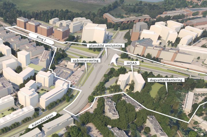 Planområdet finns i korsningen av Ring I, Kalevalavägen och Marvägen. På bilden syns planskild anslutning över Ring I, bro för lätt trafik och det planerade trähöghuset i Silverlundsparken. Foto: Arkitektbyrån SARC, bildhantering Esbo stad.