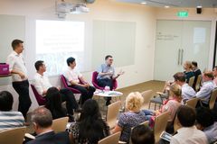 Dr. Mikko Laukkanen, Aalto EE (on the left), moderated a panel discussion on innovation in the event in Singapore. Participants in the panel were Sami Salokangas, Aalto EE alumna from DHL; Samson Lee, ESADE alumna from Nomura Research Institute and Prof. Wim Vanhaverbeke from ESADE.