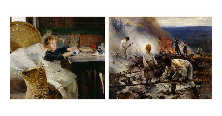 Helene Schjerfbeck: Toipilas (1888). Kansallisgalleria/Ateneumin taidemuseo. --- Eero Järnefelt: Raatajat rahanalaiset (Kaski) (1893). Kansallisgalleria/Ateneumin taidemuseo. --- 
Kuvat: Kansallisgalleria / Hannu Aaltonen.