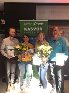 Vasemmalta: Timo Heikkilä (Popit), Mervi Lamminen (Auntie solutions), Kadri Haljas (Triumf Gamification) ja Teemu Juutilainen (KAMU Health).