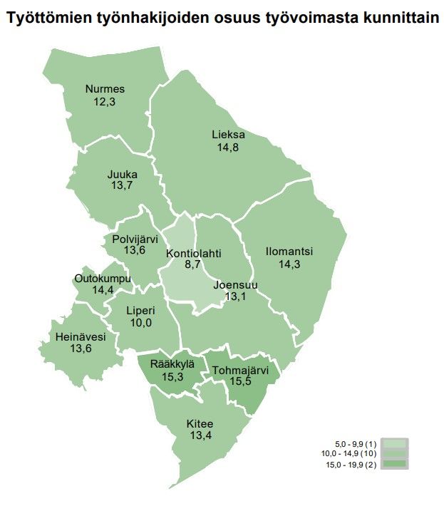 Työttömien työnhakijoiden osuus työvoimasta kunnittain
