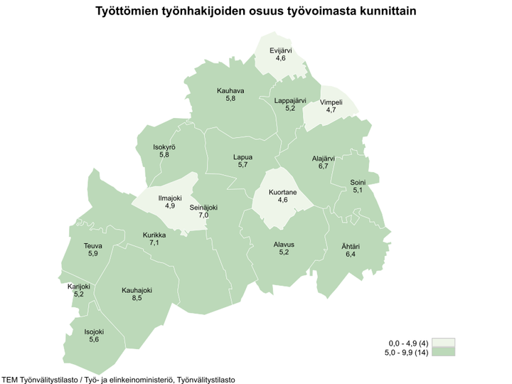 Maakunnan alhaisimmat työttömien työnhakijoiden osuudet olivat Evijärvellä (4,6 %), Kuortaneella (4,6 %), Vimpelissä (4,7 %) ja Ilmajoella (4,9 %).