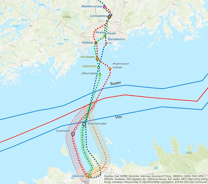 YVA:ssa tutkittavat reitit.