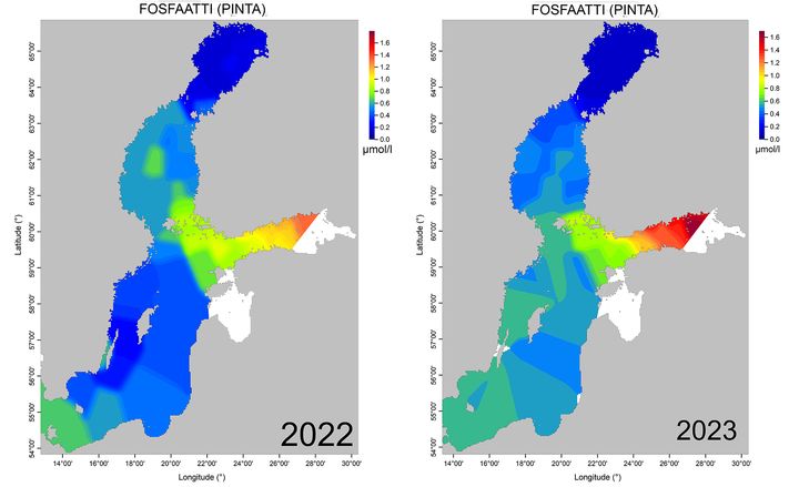 Surface layer phosphate content in winter 2022 and 2023.