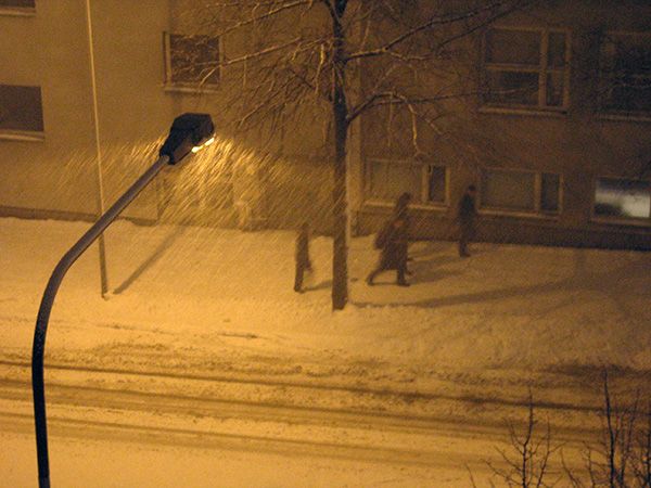 Talvinen lumipyry Taka-Töölössä Toivonkadulla. Kuva: Erja Lehto