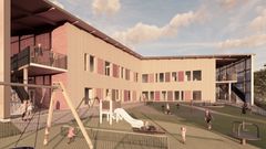 Havainnekuva Teeriniemen uuden päiväkodin piha-alueelta. Pihalla eri-ikäisillä lapsilla on omat alueensa sekä leikkitelineet. Kuva: Lujatalo