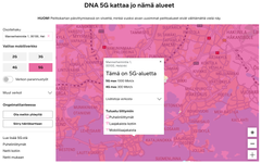 DNA's redesigned coverage map at www.dna.fi/5G (in Finnish) shows the status of the mobile network in your area in more detail. You can use the map to check the theoretical maximum speed of the 4G or 5G network anywhere in Finland. Image: Screenshot