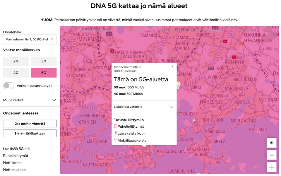 DNA's redesigned coverage map at www.dna.fi/5G (in Finnish) shows the status of the mobile network in your area in more detail. 
