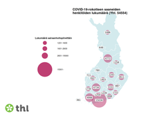 Koronarokotteen saaneiden henkilöiden lukumäärä kartalla.