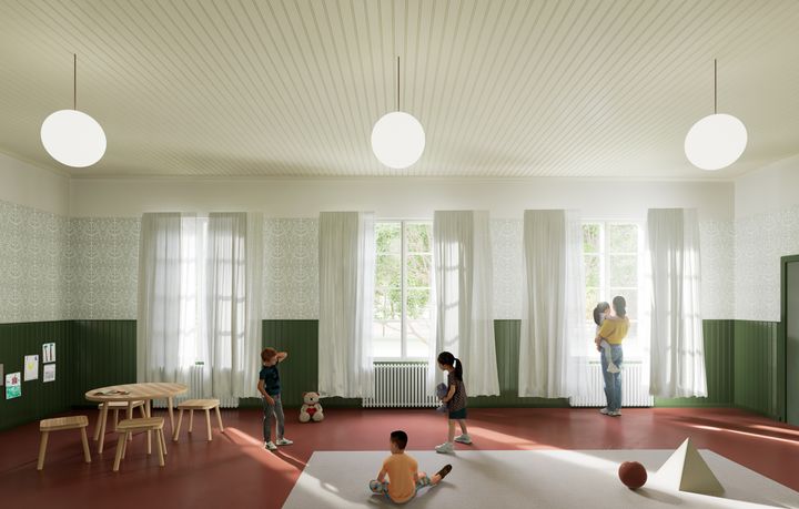 Arkitektbyråns preliminära idébild över inomhusutrymmena i det nya daghemmet.
Foto: Arkitekturbyrån NOAN Oy