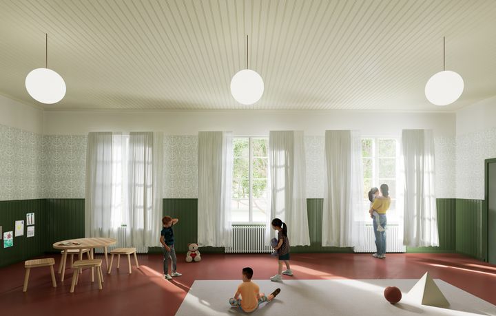 Arkitektbyråns preliminära idébild över inomhusutrymmena i det nya daghemmet.
Foto: Arkitekturbyrån NOAN Oy