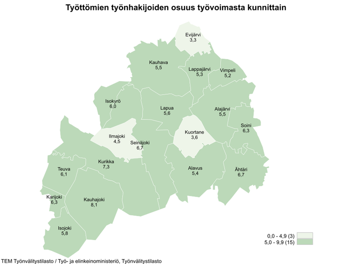 Maakunnan alhaisimmat työttömien työnhakijoiden osuudet olivat Evijärvellä (3,3 %), Kuortaneella (3,6 %), Ilmajoella (4,5 %) ja Vimpelissä (5,2 %).