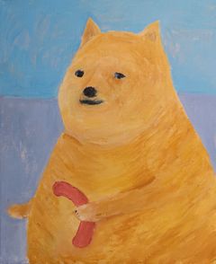Tiitus Petäjäniemi: Koira ja makkara, 2019, akryyli kankaalle, 50 × 61 cm, yksityiskokoelma. Kuva: Tiitus Petäjäniemi