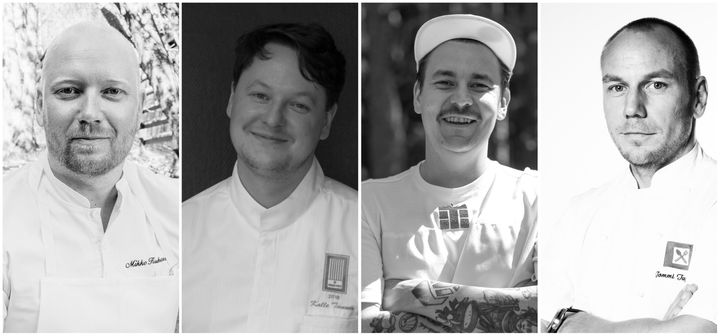 Suomen Bocuse d'Or -edustajapaikasta kaudelle 2020-2021 kilpailevat Mikko Kaukonen (kuva Santeri Stenvall), Kalle Tanner (kuva Oscar Granqvist) Erik Mansikka (kuva Antti Leino) ja Tommi Tuominen (kuva Lili Ermezei)