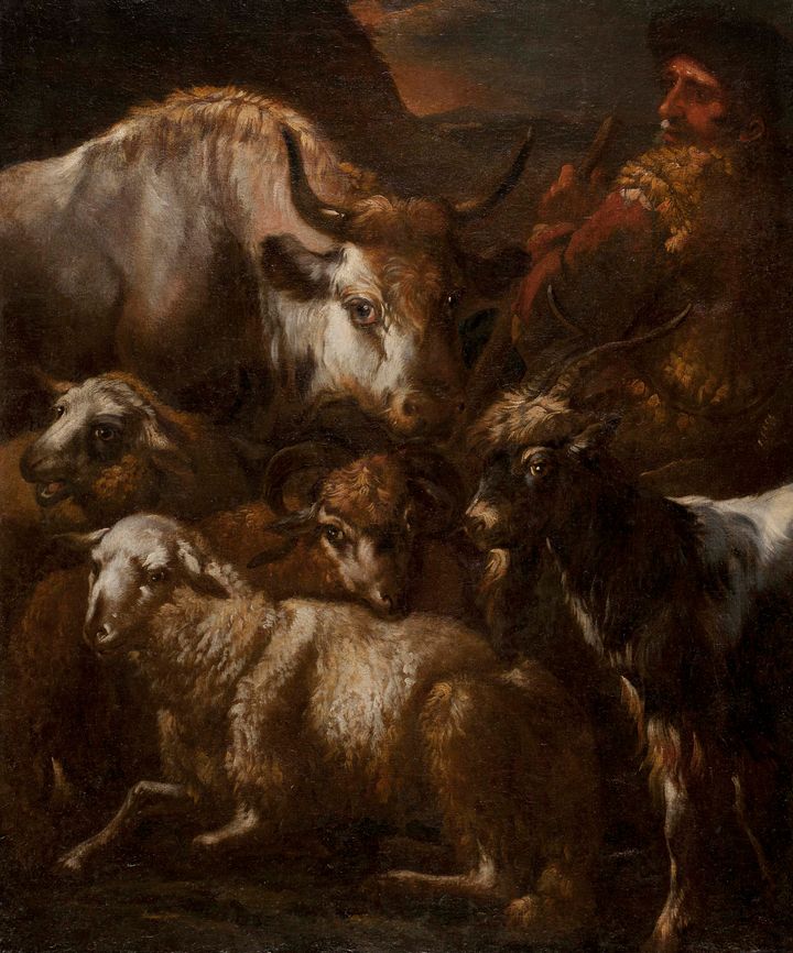 Philipp Peter Roos. Tyskland. 
Shepheard with a Cow, Goats and Sheep. 
Late 17th century. 
Oil on canvas. 
106,5 x 88 cm. 
Photo: Stella Ojala / Amos Rex