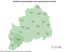 Maakunnan alhaisimmat työttömien työnhakijoiden osuudet olivat Evijärvellä (5,9 %), Isojoella (6,6 %) ja Vimpelissä (6,8 %).