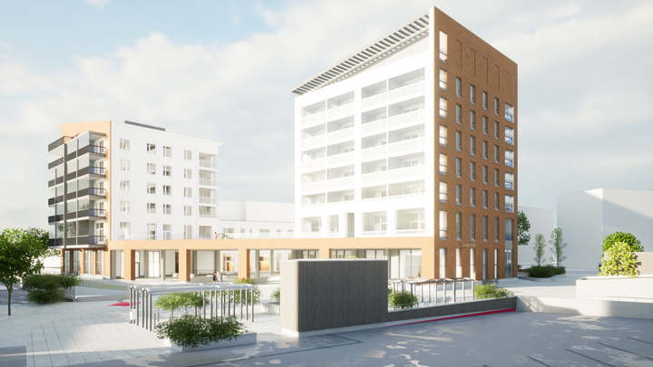 Korttelin havainnekuva, maantaso-kaakko. Kuva Arkkitehdit LSV Oy.