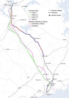 Karttakuva Suomiradan vaihtoehtoisista linjauksista. 