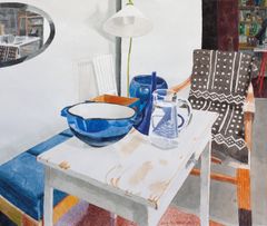 Marjatta Hanhijoki: Asetelmapöytä, Lallukka | Stilleben bord, Lallukka, 2020, akvarelli | akvarell, 109 x 124 cm