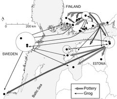 Kartta kivikauden aikaisesta nuorakeramiikan vaihdantaverkostosta Itämeren alueella. Kuva: Elisabeth Holmqvist-Sipilä
