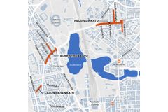 Kolme urakka-aluetta kartalla. Kuva: Helsingin kaupunki / Lagom Oy.