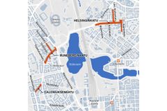 Kolme urakka-aluetta kartalla. Kuva: Helsingin kaupunki / Lagom Oy.