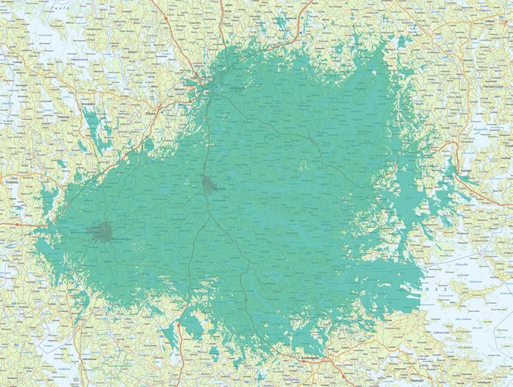 Kuvassa vaaleampi vihreä väri kuvaa normaalia 4G-/5G-peruspeittoa, ja tummempi vihreä erityisen nopeaa, 3,5 GHz:n taajuudella toimivaa 5G-verkkoa.