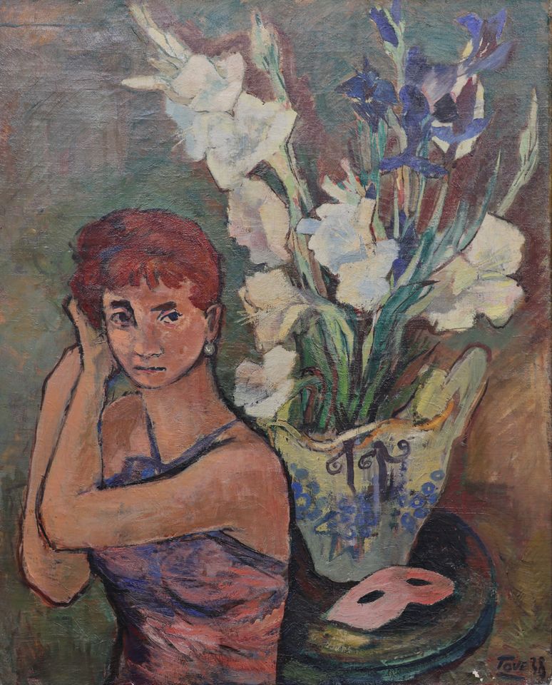 Tove Jansson (1914–2001), Nainen ja gladiolus, 1938, öljy kankaalle, 81 x 65,5 cm, M&E Gallery, Enköping, Ruotsi. Valokuva: M&E Gallery. 