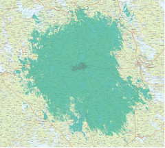 Kuvassa vaaleampi vihreä väri kuvaa normaalia 4G/5G-peruspeittoa, ja tummempi vihreä erityisen nopeaa, 3.5 GHz -taajuudella toimivaa 5G-verkkoa.