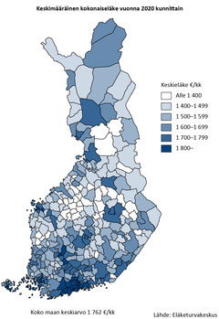 Keskimääräinen kokonaiseläke vuonna 2020 kunnittain