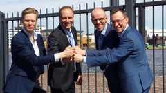 Demola joins DIMECC, rejoiced by CEO Ville Kairamo of Demola Global; Ilari Kallio, Chairman of the Board of Directors of DIMECC and Director, Digitalisation in Wärtsilä Marine Solutions; Petri Räsänen, Chairman of the Board of Demola Global and Director, Innovation and Foresight at Council of Tampere Region; and CEO Harri Kulmala of DIMECC. Photo: Kari Aunola/DIMECC