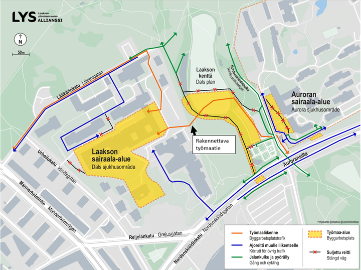 Laakson alueen työmaita lokakuussa 2022. Pohjakartta: OpenStreetMap