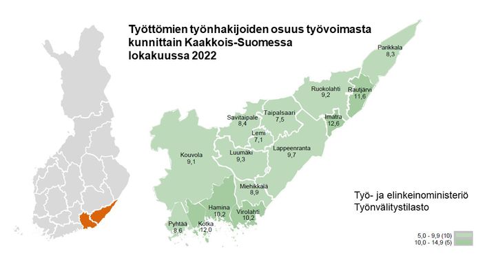 Työttömien työnhakijoiden osuus työvoimasta Kaakkois-Suomessa lokakuussa 2022 oli 10,1 %. Korkein työttömyysaste oli Imatralla (12,6 %) ja matalin Lemillä (7,1 %).