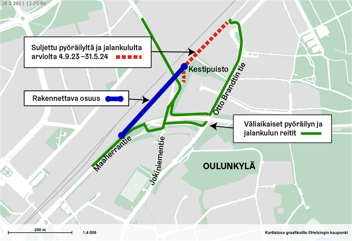 Karttakuvassa näkyy työmaan ja kiertoreittien sijainnit. Kuva: Helsingin karttapalvelu