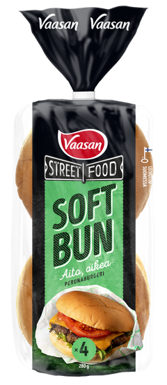Vaasan StreetFood SOFT BUN -perunaburgerisämpylän paino on 70 gr ja halkaisija 4,5 tuumaa, eli 11,4 senttiä. Sämpylät löytyvät neljän kappaleen pakkauksissa.