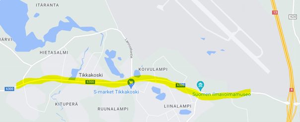 Tievalaistuksen saneeraus toteutetaan kartassa esitetyllä tieosuudella Tikkakoskentiellä (Mt6300).