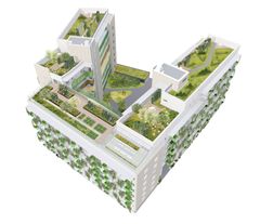 Havainnekuva Vihreistä vihrein -kerrostalosta, jonka kasvillisuus kehittyy vähitellen. Arkkitehtuuri- ja muotoilutoimisto Talli Oy