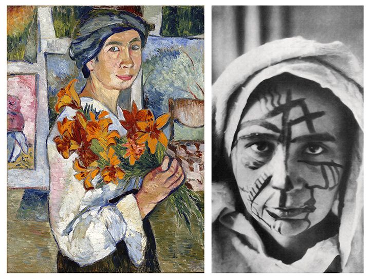 Natalia Goncharova: Självporträtt med gula liljor (1907–1908).  Tretjakovgalleriet. © Tretjakovgalleriet | Natalia Goncharova i 1913. © Tretjakovgalleriet