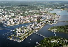 Havainnekuva Kalasatamasta. Markkinaehtoista pysäköintiä esitetään Nihtiin eli Kalasataman eteläisimpään osaan. Kuva: Voima Graphics Oy, Brick Visual, Anttinen Oiva arkkitehdit Oy